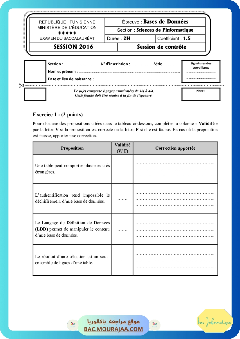 Corrigé controle bd Bac 2016 – Section info